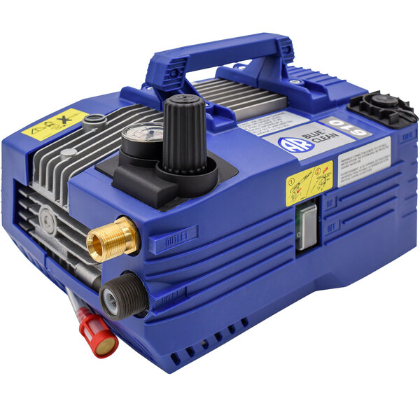 A blue AR North America electric pressure washer with black knobs and a handle.