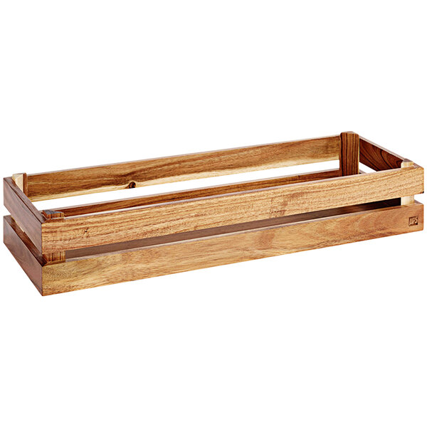 A light acacia wood rectangular crate with handles.