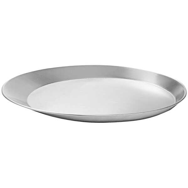 An oval stainless steel serving tray.
