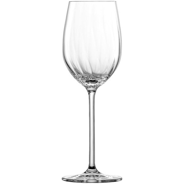 A close-up of a clear Schott Zwiesel Wineshine Riesling wine glass with a long stem.