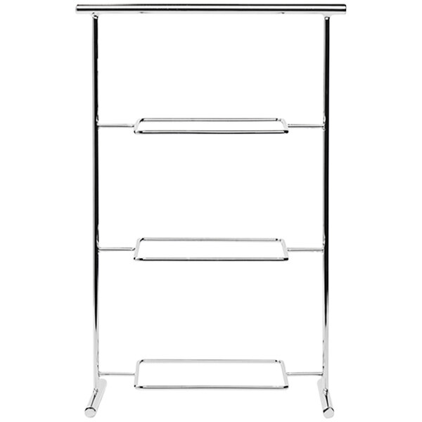 A chrome metal APS Pure 3-tier serving stand with three shelves.