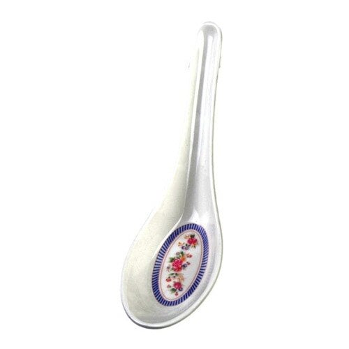 A white Thunder Group wonton soup spoon with a rose design.