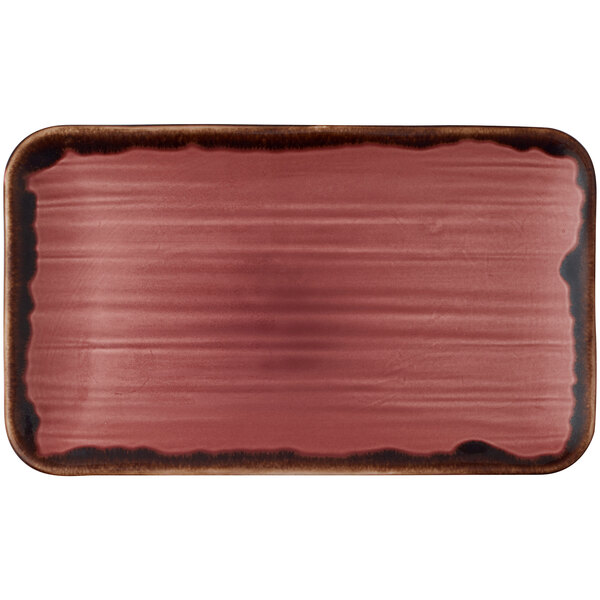 A rectangular plum china platter with a black border.