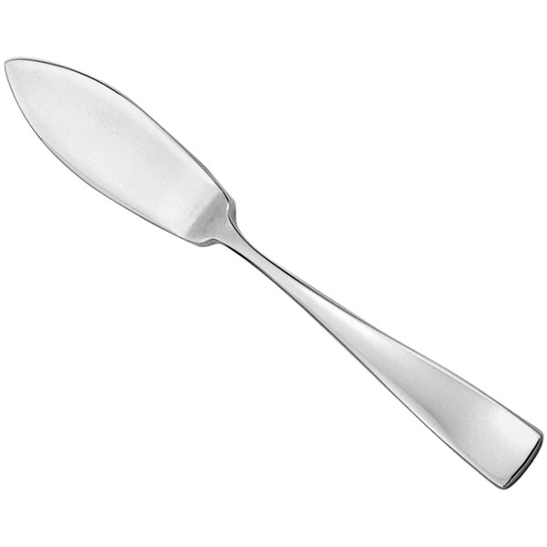 A silver fish knife with a long handle on a white background.