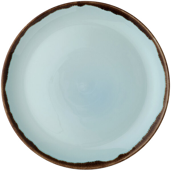 A close-up of a Dudson Harvest turquoise china plate with a brown rim.