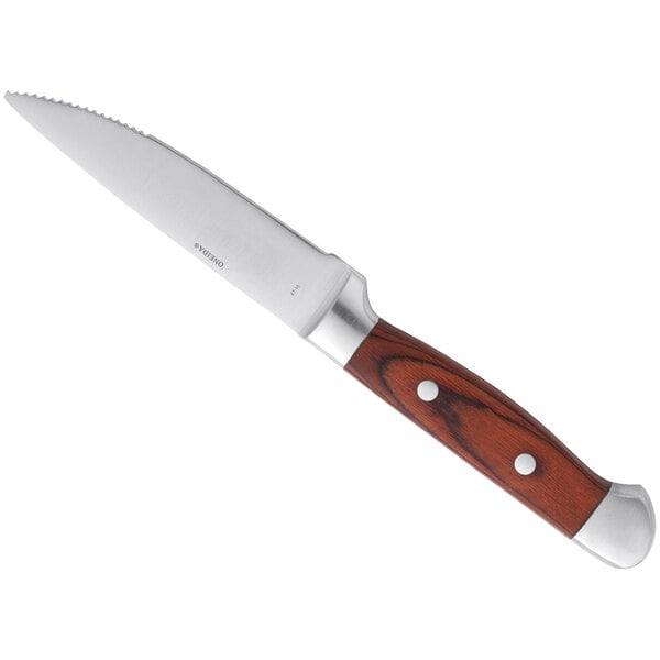 A Oneida stainless steel steak knife with a wood handle.