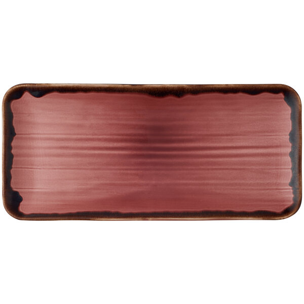 A red rectangular Dudson Harvest china platter with black edges.