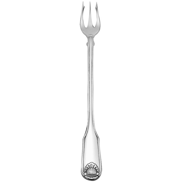 An Oneida Classic Shell stainless steel oyster/cocktail fork with a silver design on the handle.