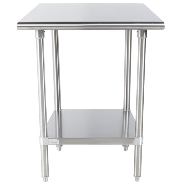 A stainless steel table with an undershelf.