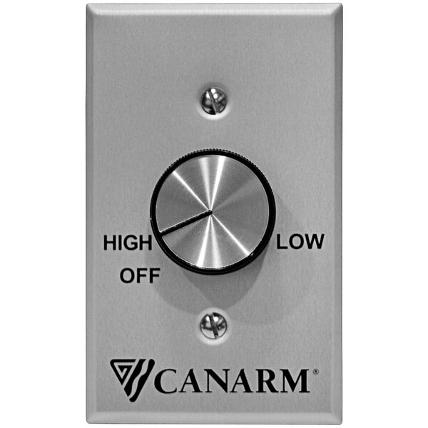 A silver and black Canarm wall mount fan control knob with text.