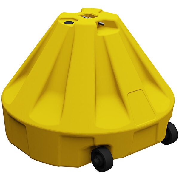 A yellow Plasticade Roll-a-Post base with wheels.