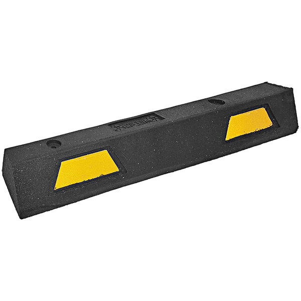 A black Plasticade parking block with yellow reflective stripes.