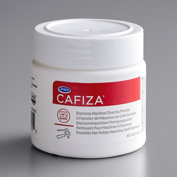 A white container of Urnex Cafiza Espresso Machine Cleaning Powder with a red label.