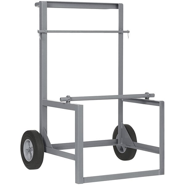 A gray metal Little Giant extra heavy-duty wire reel cart with wheels and a handle.