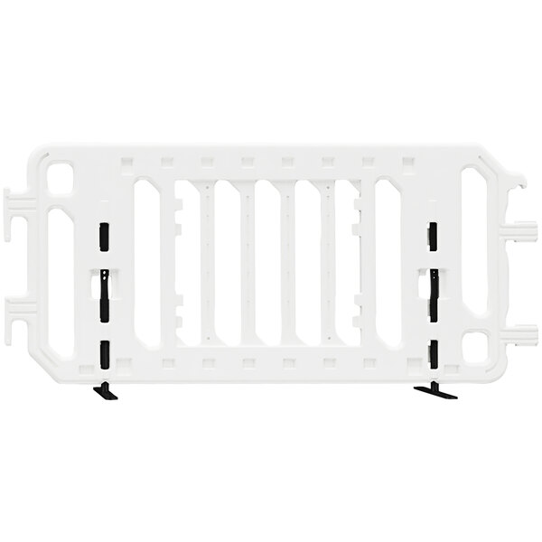 A white plastic fence with black legs and black interlocking handles.