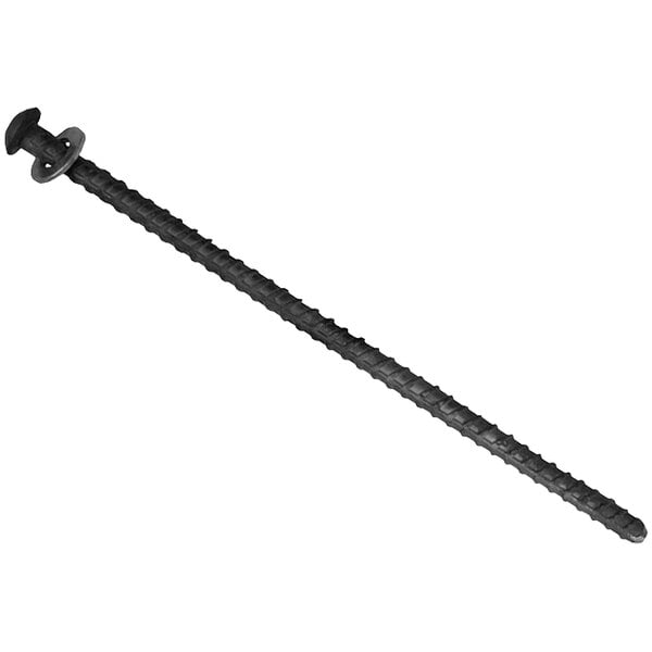 A black screw with a long metal rod and a nut on a white background.