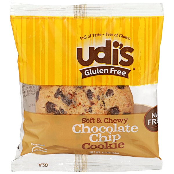 A Udi's gluten-free chocolate chip cookie in a bag.