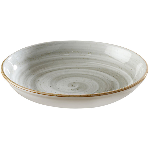 A white porcelain coupe plate with a grey swirl pattern on the rim.