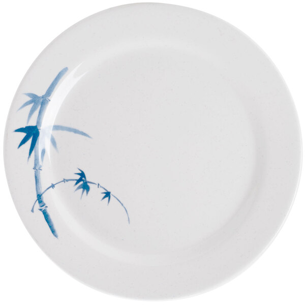 A white round melamine plate with a blue bamboo design.