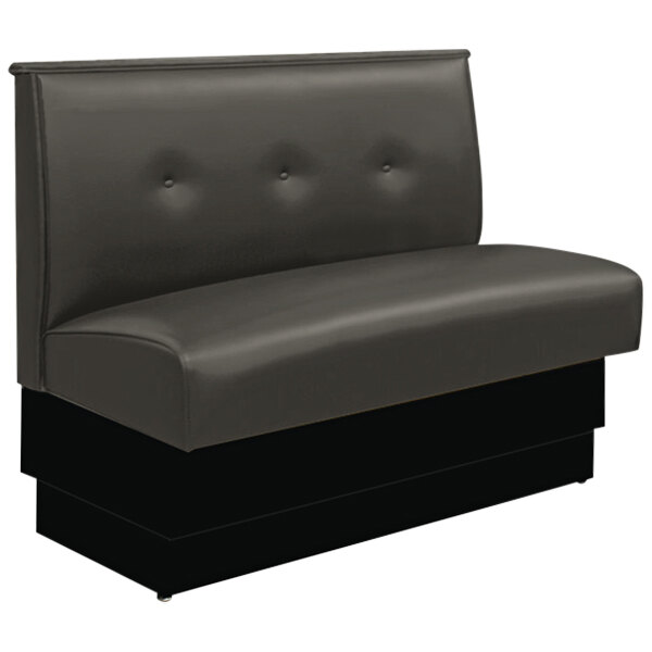 An American Tables & Seating gunmetal booth with black button-tufted leather.