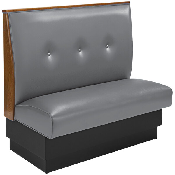 An American Tables & Seating gunmetal upholstered restaurant booth with a 3-button tufted back.