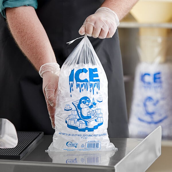 A person in gloves holding a clear plastic ice bag with blue ice print.