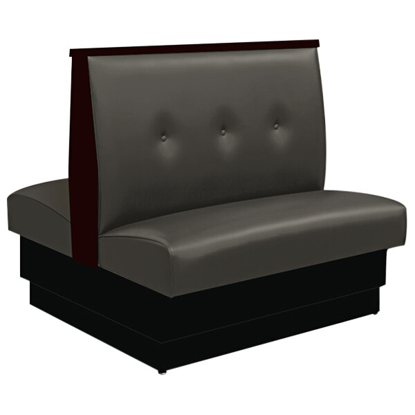An American Tables & Seating Gunmetal Upholstered Double Booth with 3-Button Tufted Back and End Caps.
