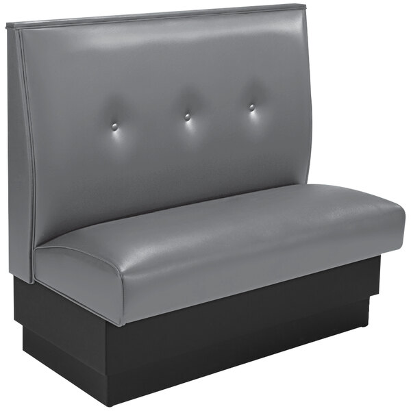 An American Tables & Seating gunmetal upholstered booth with black legs.