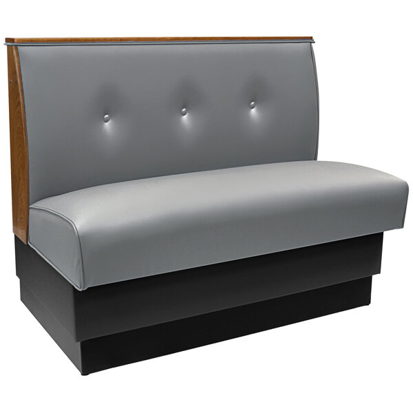 An American Tables & Seating gunmetal upholstered booth with a 3-button tufted back and end caps.