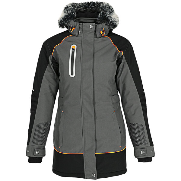 A grey and black RefrigiWear women's Polarforce parka jacket with a hood.