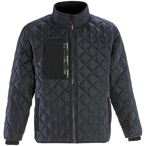 A close up of the black zipper on a RefrigiWear navy diamond quilted puffer jacket.