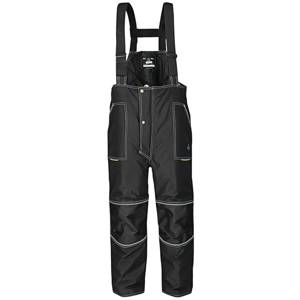 Black RefrigiWear ErgoForce bib overalls with suspenders.