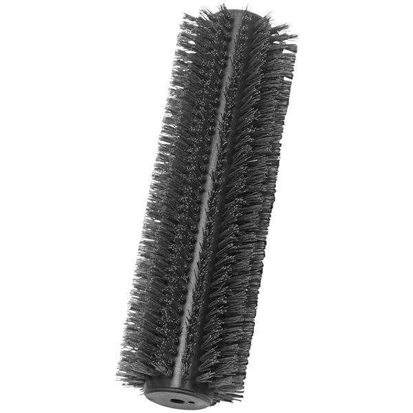 A close-up of a black round Powr-Flite escalator brush with bristles.