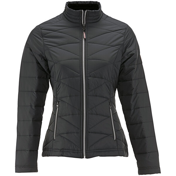 A black RefrigiWear women's quilted jacket with a zipper.