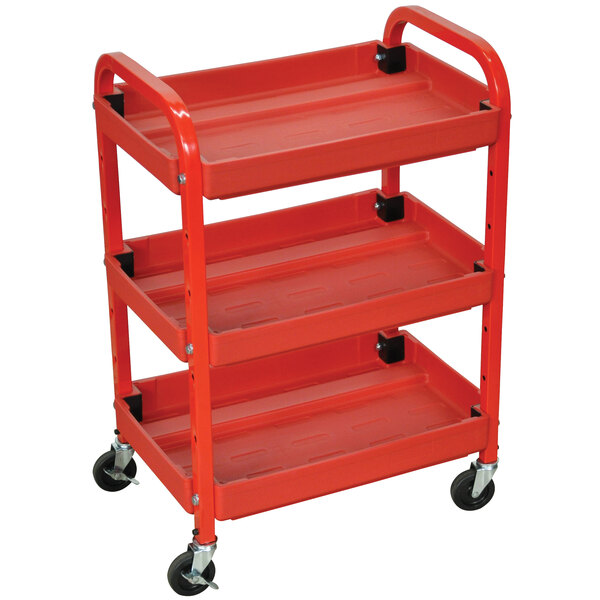 A red Luxor utility cart with three shelves and wheels.