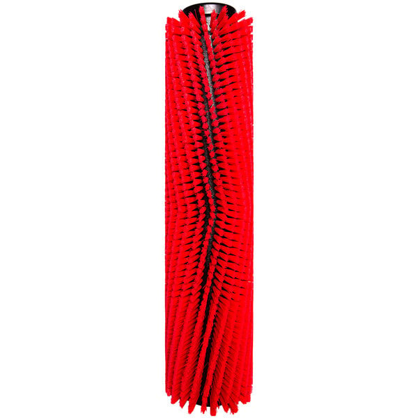A Tornado red plastic scrub brush with black bristles.