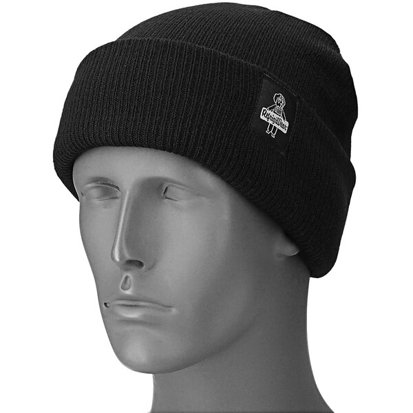 A mannequin head wearing a black RefrigiWear knit beanie.
