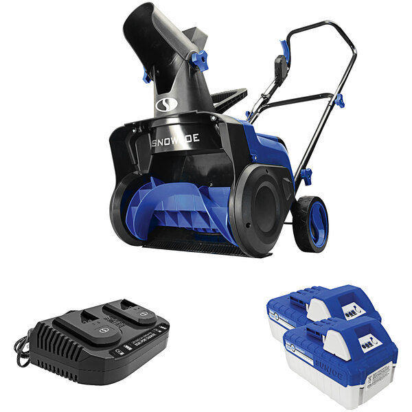 A blue and black Snow Joe cordless snow blower with two black batteries.