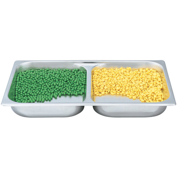 A Vollrath stainless steel 2-compartment food pan holding peas and corn.