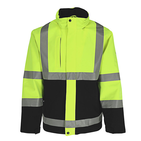 A black and lime yellow RefrigiWear rainwear jacket with reflective stripes.