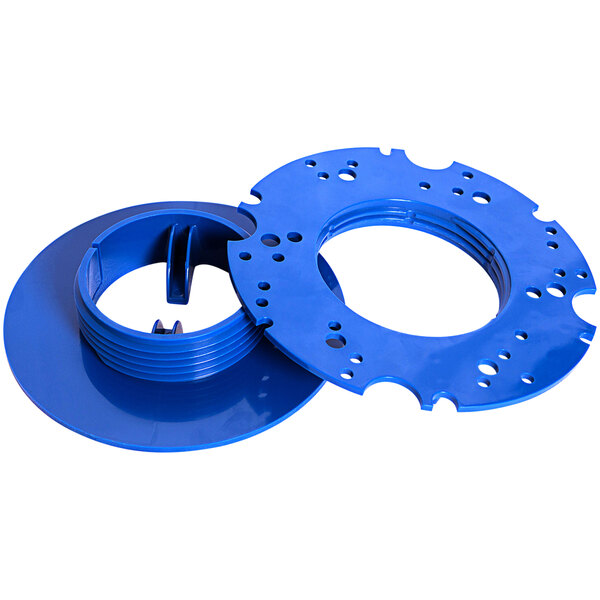 Two blue plastic Tornado rotary pad retainers with holes.