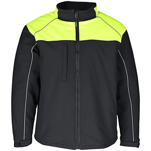 A black and lime RefrigiWear soft shell jacket with reflective detailing.