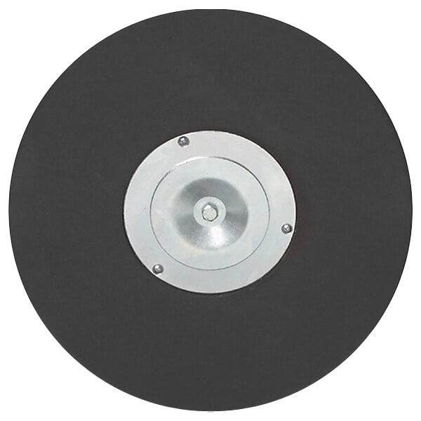 A black circular sanding driver with a silver metal plate and a white center.