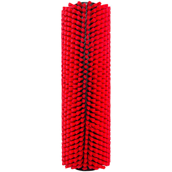 A close up of a red Tornado cylindrical carpet brush with black and green bristles.