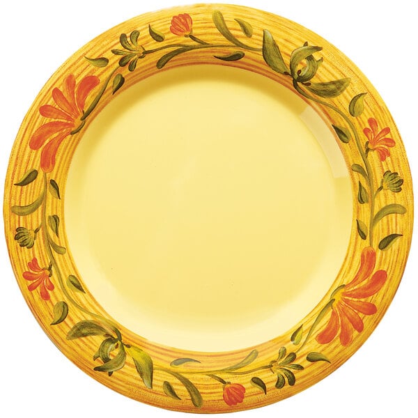 A yellow GET Venetian melamine plate with a painted floral design.