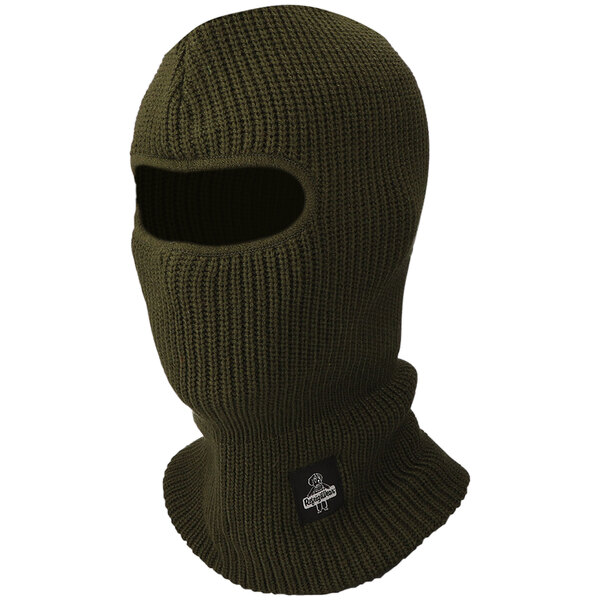 A green RefrigiWear face mask with an open hole in the front and a white logo.