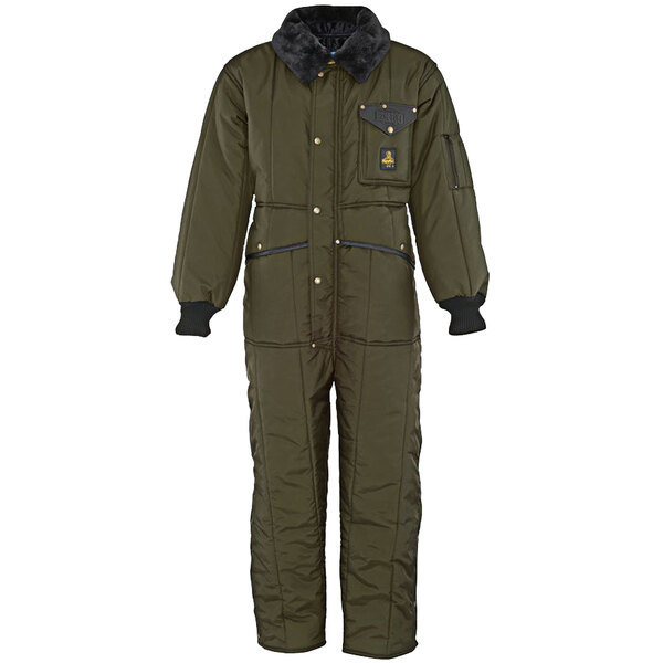 A green RefrigiWear coverall with a hood and black buttons.