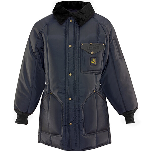 A navy RefrigiWear Iron-Tuff jacket for men with a fur collar.