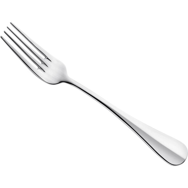 An Amefa stainless steel table fork with a silver handle and four prongs.