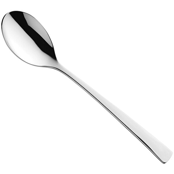 An Amefa Aurora stainless steel dessert spoon with a long handle and a silver bowl.